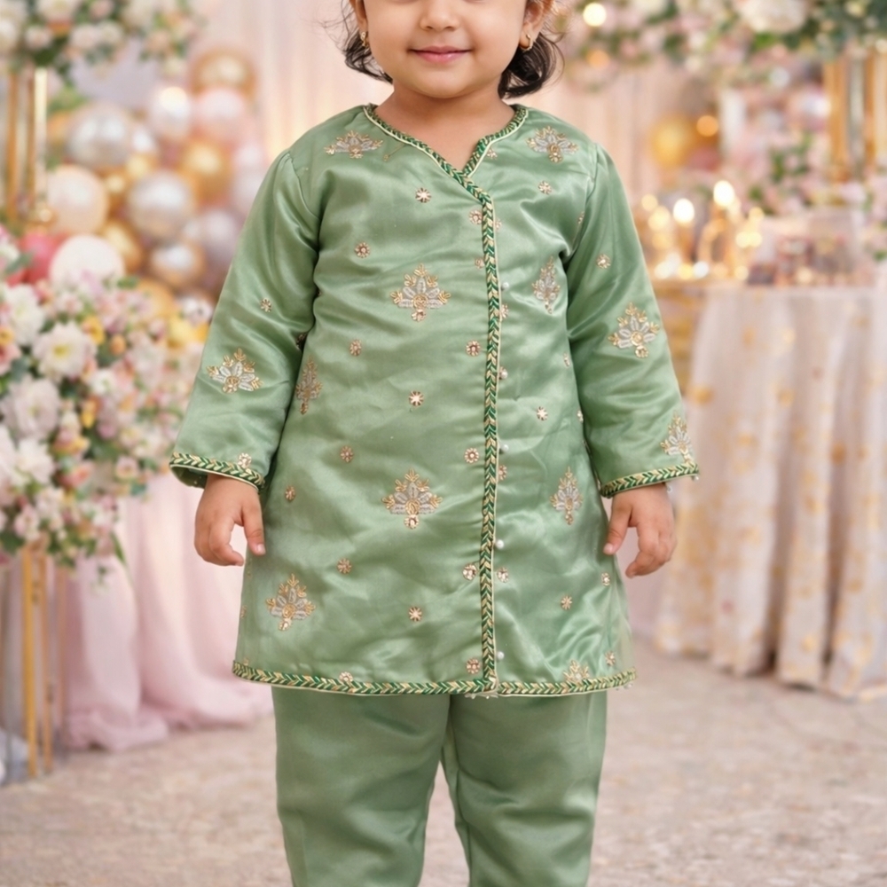 Baby Girl Green Silk Embroidered Kameez Set | Pakistani Indian Kids Outfit |